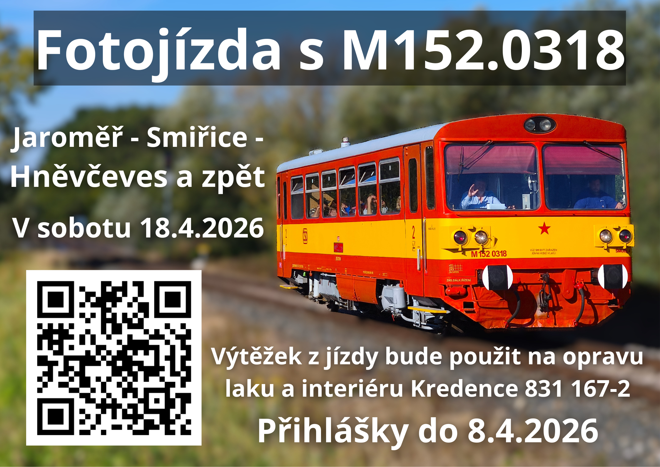 Projeďte se s námi v sobotu 18.4.2026 po trase Jaroměř – Smiřice – Hněvčeves a zpět fotovlakem s M152.0318